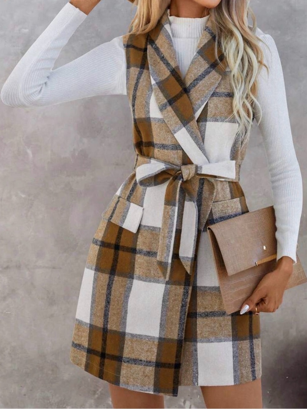 Plaid Tie-Waist Sleeveless Coat Vest in Camel & Cream